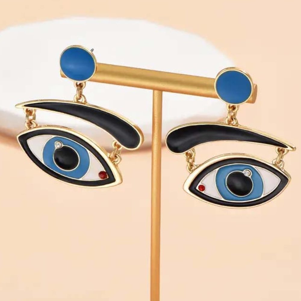 MAN RAY'S BLUE EYES W/ BLACK EYEBROWS ENAMEL ON 14K GOLD CLAD DANGLE EARRINGS B - Picture 2 of 4